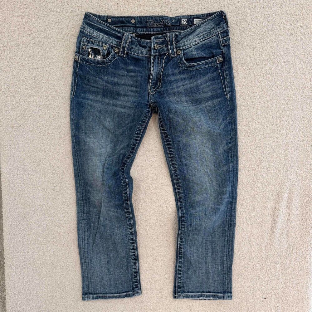 Miss Me Capri Jeans Womens 29 Sequin Flap Pocket Low Rise Medium Wash Y2K Bling